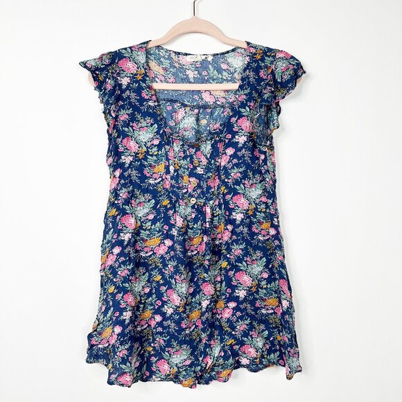 2/$24 Mine Henley Flutter Sleeve Mini Dress Floral Print Blue Medium #A0485 TRB3 - Picture 3 of 7